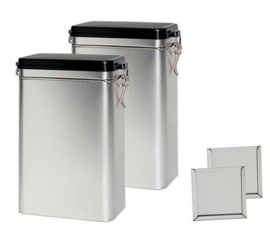 Theeblik met beugelsluiting zilver 500 gram met etikethouder
