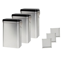 Theeblik met beugelsluiting zilver 500 gram met etikethouder