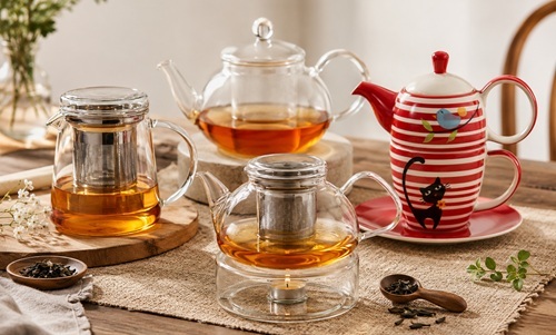 Verschillende theepotten voor losse thee, waaronder glazen Trendglas Jena theepotten, een tea for one set en een theeset met warmhouder op een sfeervolle theetafel.