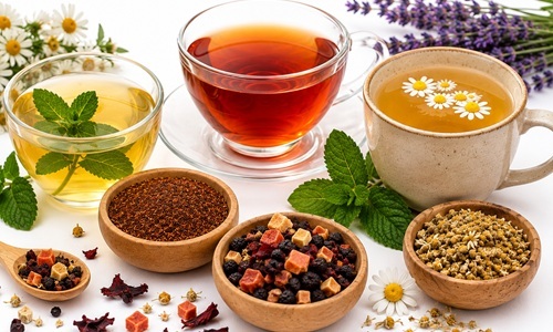 Rooibos, kamille, munt en vruchtenthee als natuurlijke cafe&iuml;nevrije alternatieven