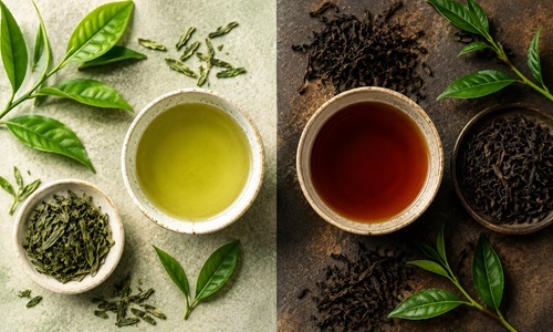 Groene thee en zwarte thee naast elkaar met verse theebladeren en losse thee, ter illustratie van de verschillen in verwerking en kleur