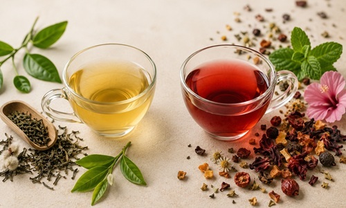 Glazen kopjes met echte thee en kruideninfusie, omringd door theebladeren, kruiden en gedroogde ingredi&euml;nten.