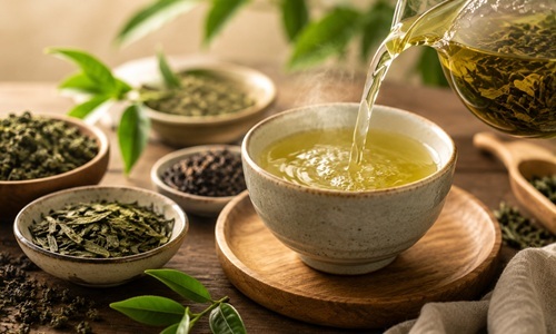 Kop losse groene thee met theebladeren en theepot tijdens het zetten van thee