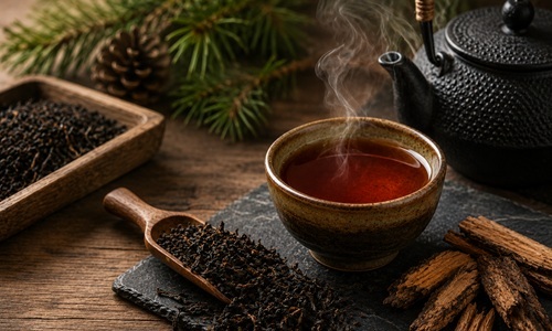 Tarry Lapsang Souchong losse zwarte thee met een dampende kop thee, gietijzeren theepot en dennenhout op een houten tafel