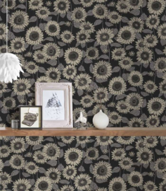 bloemen vlies behang zwart beige 37685-4