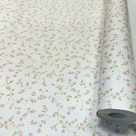 Rasch Petite Fleur 4 289069 – wit vliesbehang met fijne roze bloemen in een romantische, landelijke stijl.