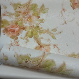 Klassieke bloemen behang roosjes oranje wit groen glim