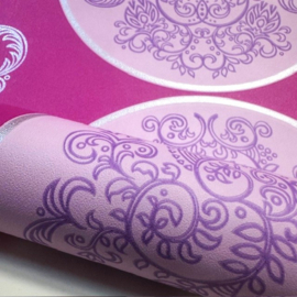 Retro vliesbehang roze lila zilver circels mandala's
