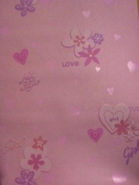 meisjes behang roze hartjes en love text met glitter 544008
