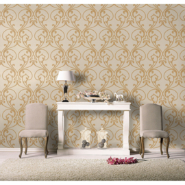 Glitter behang goud beige klassieke ornamenten
