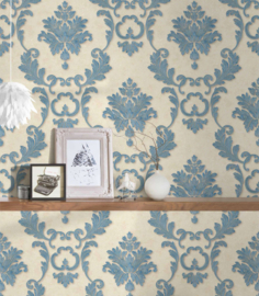 Blauw wit 3D barok behang textiel look