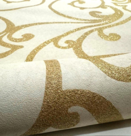 Glitter behang goud beige klassieke ornamenten