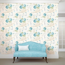 Blauw bloemen behang 133503