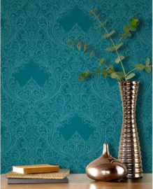 Barok behang blauw met glitter 308518