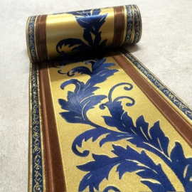 Klassieke Elegantie: Blauwe Gouden Behangrand met Subtiele Bladpatronen