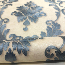 Blauw wit 3D barok behang textiel look
