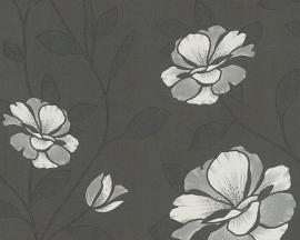 Behangpapier bloemen zwart, grijs 95557-4