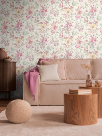 COSMOLiving - Vliesbehang met romantisch bloemenpatroon in pastelkleuren met glanzende effecten – Wit, Metallic, Groen