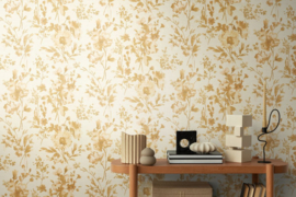 COSMOLiving - Glanzend vliesbehang met bloemenmotief – crème, Beige, Goud