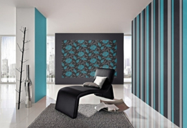 zwart blauw bloemen behang 718287