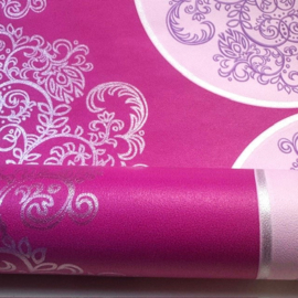 Retro vliesbehang roze lila zilver circels mandala's