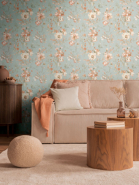 COSMOLiving - Vliesbehang met lichte glans en speels bloemenpatroon – Blauw, Grijs, Roze