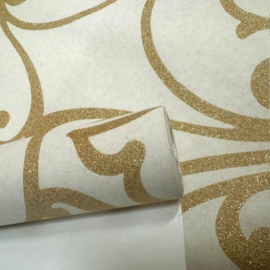 Glitter behang goud beige klassieke ornamenten