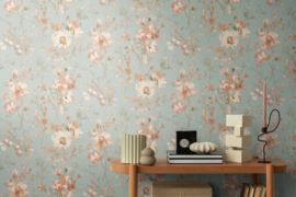 COSMOLiving - Vliesbehang met lichte glans en speels bloemenpatroon – Blauw, Grijs, Roze