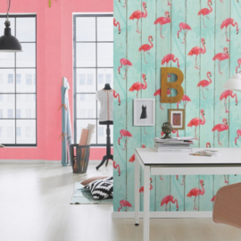 FLAMINGO BEHANG BLAUW ROSE 479706