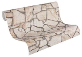 3d steen behang A.S. Création Wood'n Stone Beige, Bruin, Grijs
