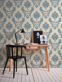 Blauw wit 3D barok behang textiel look