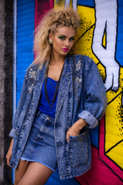 Vintage 80s Denim Blazer met Borduursels - Size: M