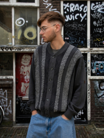 90s Gebreid Herenvest Grijs – Retro Vintage Cardigan - Size: L