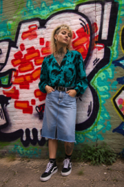 Vintage 80s Abstract Print Blouse – Turquoise & Zwart Size: 38/40