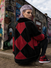 Vintage Patchwork Winterjas in Zwart & Bordeaux Unisex - Size:M/L