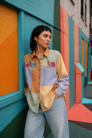 Vintage Colorblock 80S Blouse met Borduurdetails- Size: M