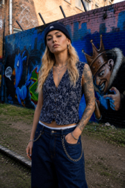 Chaleco vintage azul marino con estampado floral - SIZE: S