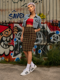Geruite Kokerrok met Rode en Groene Tartan Print - Size: 36