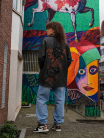 Vintage leren herfstjas met appliqué bloemen - Size M