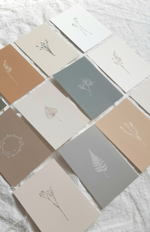 Set kaarten (12 stuks!) botanische minimalistische prints