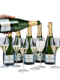 6 flessen Delamotte Brut met 6 gratis Delamotte champagneglazen.