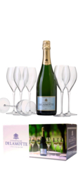 6 flessen Delamotte Brut met 6 gratis Delamotte champagneglazen.