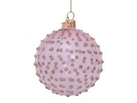 Vondels Kerstbal glas roze transparant met gouden glitter stippen