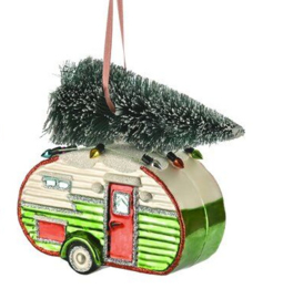 Kerst ornament "Caravan met dennenboom" | groen