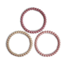 Mushie Sicliconen Bracelet 3pack linen peon pale pink | Siliconen Bijtring Parelarmband linnen/pioenroos/lichtroze