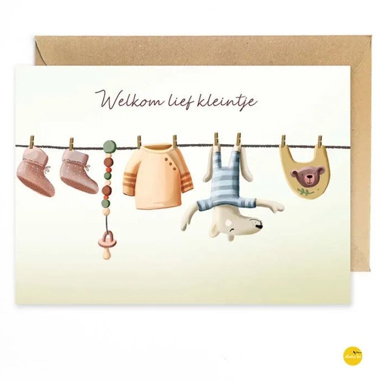 Wenskaart Welkom lief kleintje waslijn
