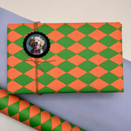 Inpakpapier 'geruit' groen oranje