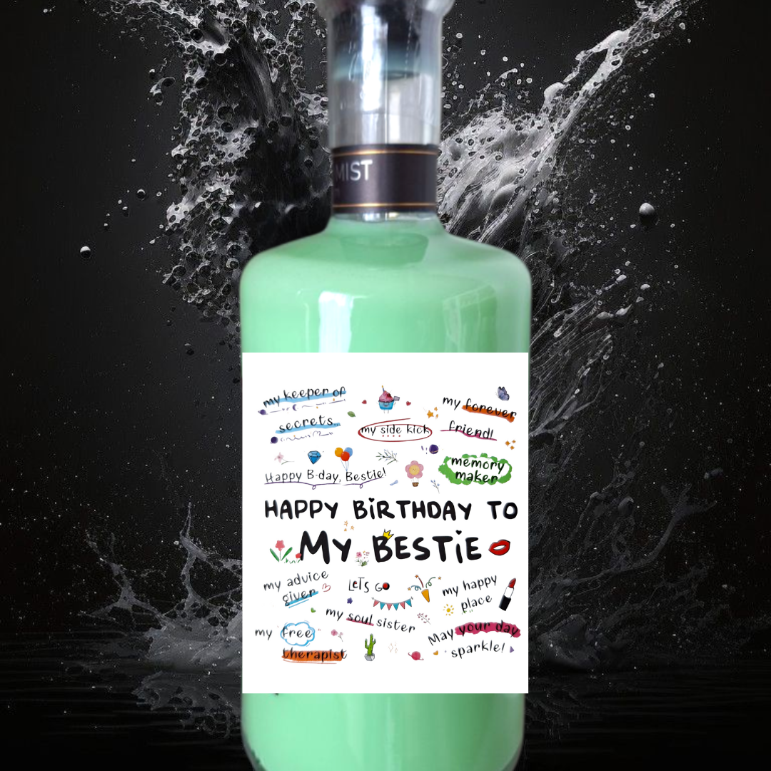 Creamy Likeur Mojitomist met etiket Happy Birthday My Bestie