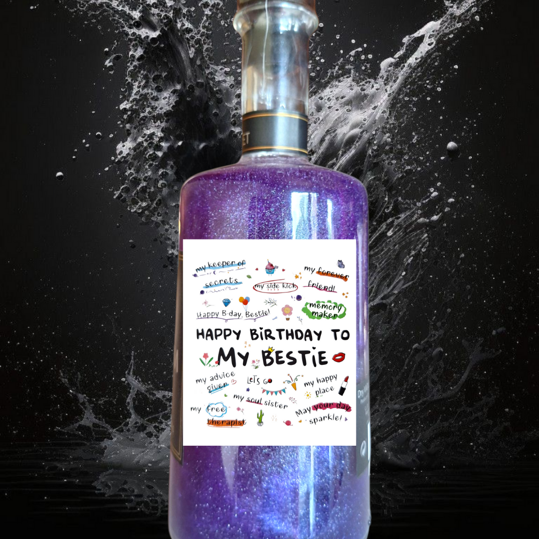Glittercocktail Dry Violet met etiket Happy Birthday My Bestie