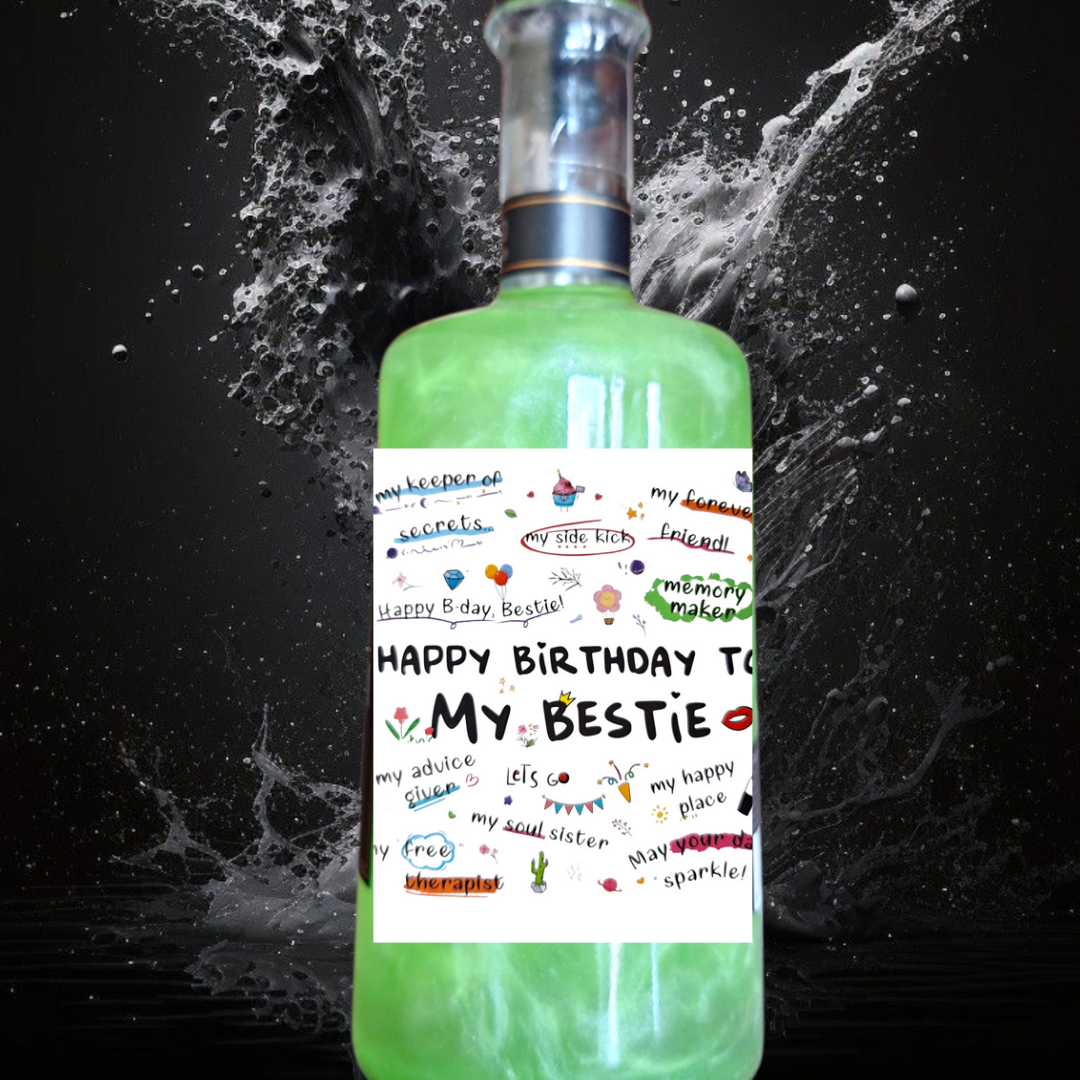 Glittermocktail Mojito met etiket Happy Birthday My Bestie